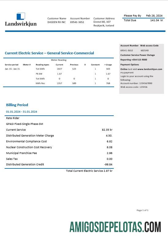 Para baixar modelo de conta de serviços públicos de negócios de eletricidade da Islândia Landsvirkjun em formatos Word e PDF